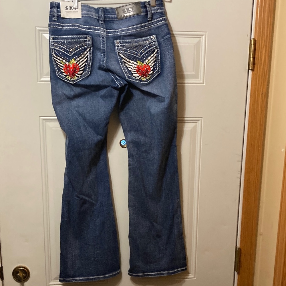 Sky‎ Embroidered Dark Blue Flare Jeans with Red Accent 9/10 NWT